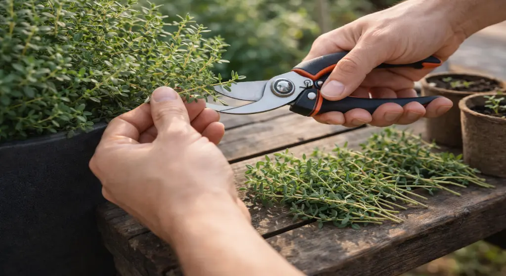 يدان تستخدمان مقص تقليم لقص أطراف نبات الزعتر على طاولة خشبية لتحضير العقل.