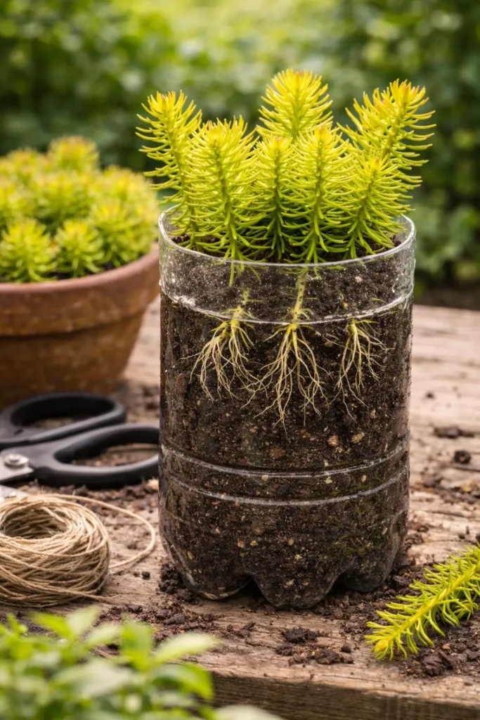 نبات أنجلينا سيدوم مزروع في قنينة بلاستيكية مقطوعة ومملوءة بالتربة مع ظهور الجذور من الجوانب الشفافة.
