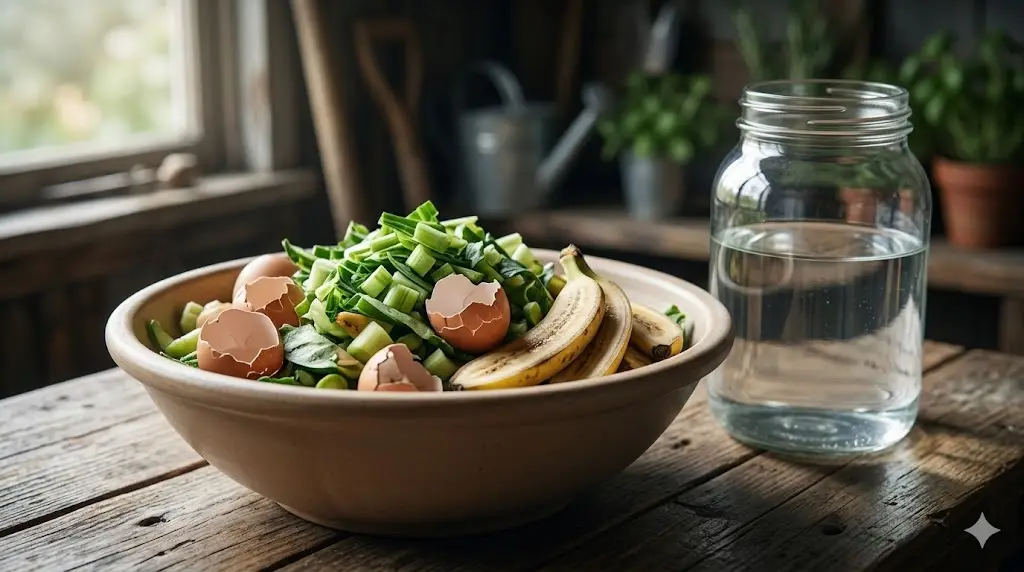 وعاء يحتوي على بقايا خضار وقشور بيض وموز بجانب مرطبان ماء لتحضير سماد مائي عضوي منزلي.