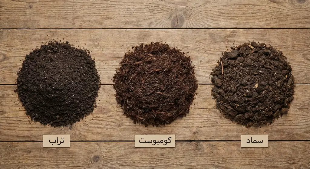ثلاث كومات من مكونات التربة موضوعة على سطح خشبي وموسومة بالعربية: تراب، كومبوست، سماد.