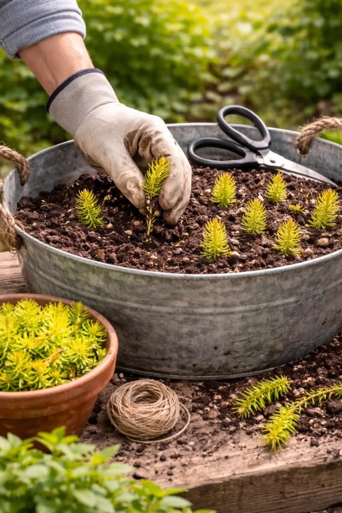 يد بقفاز تغرس فروعًا صغيرة من أنجلينا سيدوم في حوض معدني مملوء بالتربة مع أدوات زراعة قريبة.