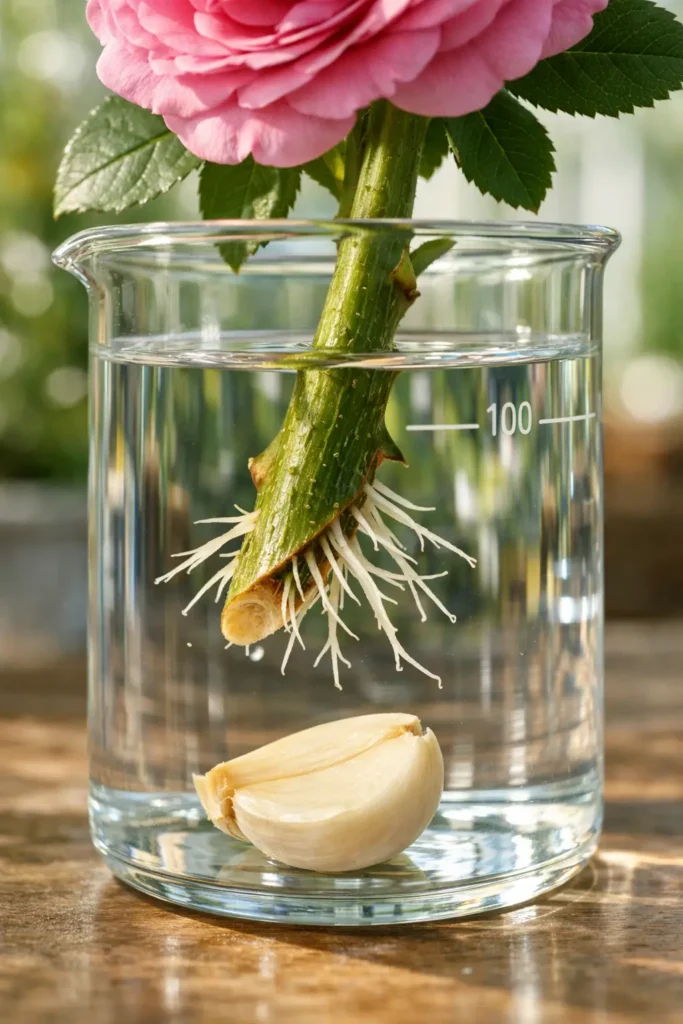 ساق ورد جوري مزهرة موضوعة في كأس زجاجي مملوء بالماء مع ظهور جذور بيضاء وفص ثوم في القاع.