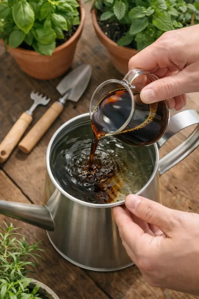 يدان تصبان مستخلص سماد عضوي داكن داخل إبريق سقاية معدني لتخفيفه بالماء قبل استخدامه للنباتات.