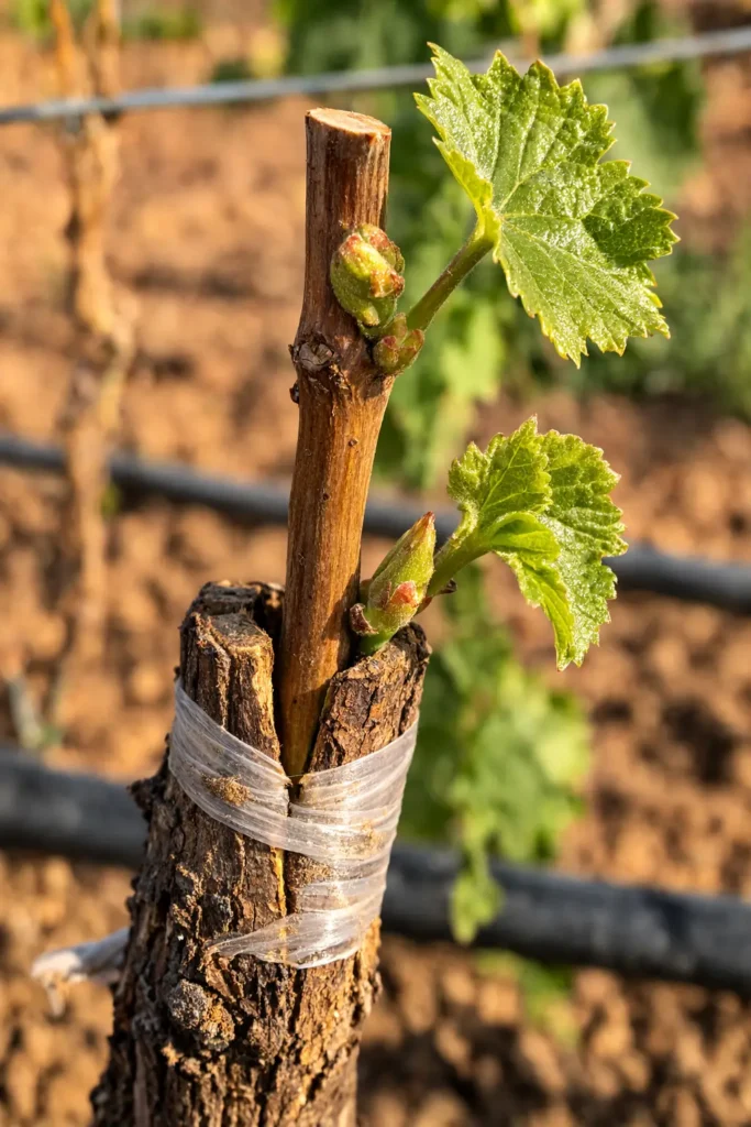 صورة مقربة طبيعية لتطعيم العنب بالقلم تُظهر القلم المغروس في الأصل مع بداية نمو أوراق جديدة ورباط تطعيم شفاف.