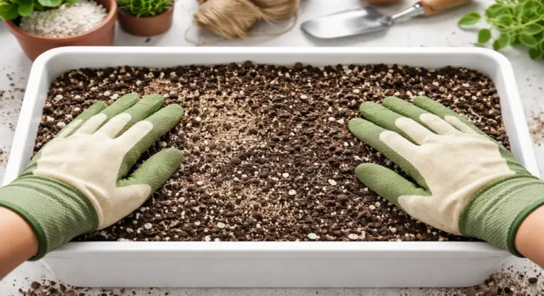 يدان بقفازات تفردان خليط تربة زراعية احترافي داخل حاوية بيضاء مستطيلة.