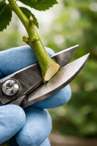 مقص تقليم حاد يقطع ساقًا خضراء من اللانتانا كامارا في لقطة مقربة لإعداد العقلة.