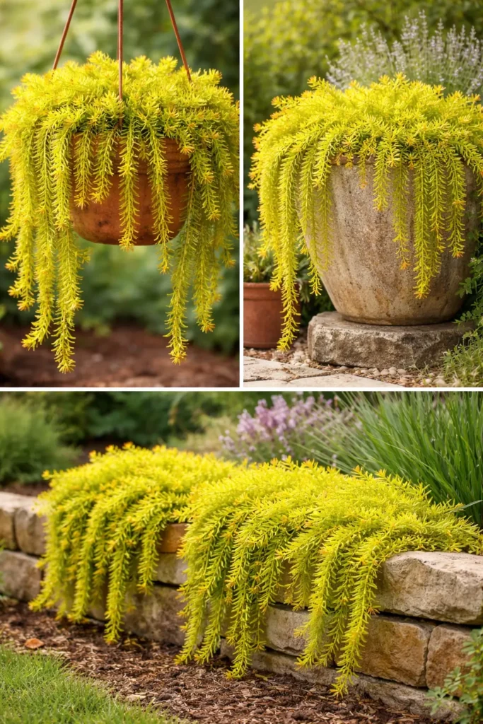 صورة كولاج تعرض أنجلينا سيدوم متدليًا من أصيص معلق وفي أصيص كبير وعلى حافة حجرية كغطاء أرضي.