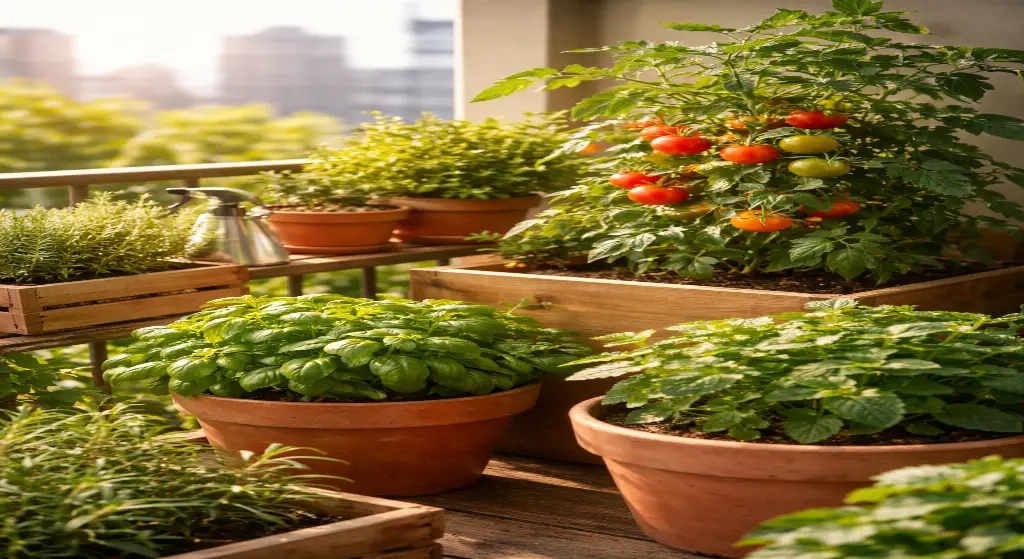 حديقة شرفة حديثة تضم أصص أعشاب وصندوق طماطم مثمر وأحواض خشبية مرتبة في ضوء ذهبي.