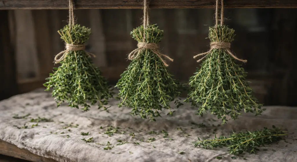 ثلاث حزم من الزعتر مربوطة بخيط ومعلقة رأسًا على عقب لتجفيفها في مكان داخلي.