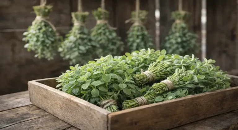 حزم من البردقوش الطازج موضوعة في صندوق خشبي مع باقات أخرى معلقة في الخلف للتجفيف.