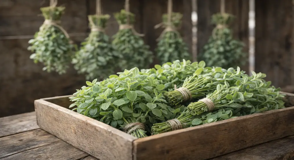 حزم من البردقوش الطازج موضوعة في صندوق خشبي مع باقات أخرى معلقة في الخلف للتجفيف.