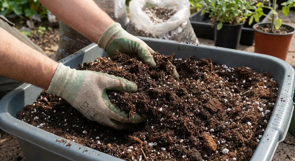 يدان ترتديان قفازات تخلطان وسطًا زراعيًا خفيفًا داخل حوض كبير لتحضير تربة البردقوش.