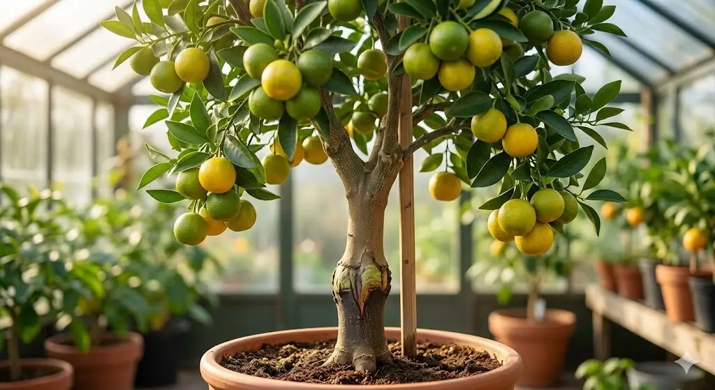 شجرة برتقال مقزمة مزروعة في أصيص داخل بيت زجاجي وتظهر عليها منطقة التطعيم وثمرات ناضجة.