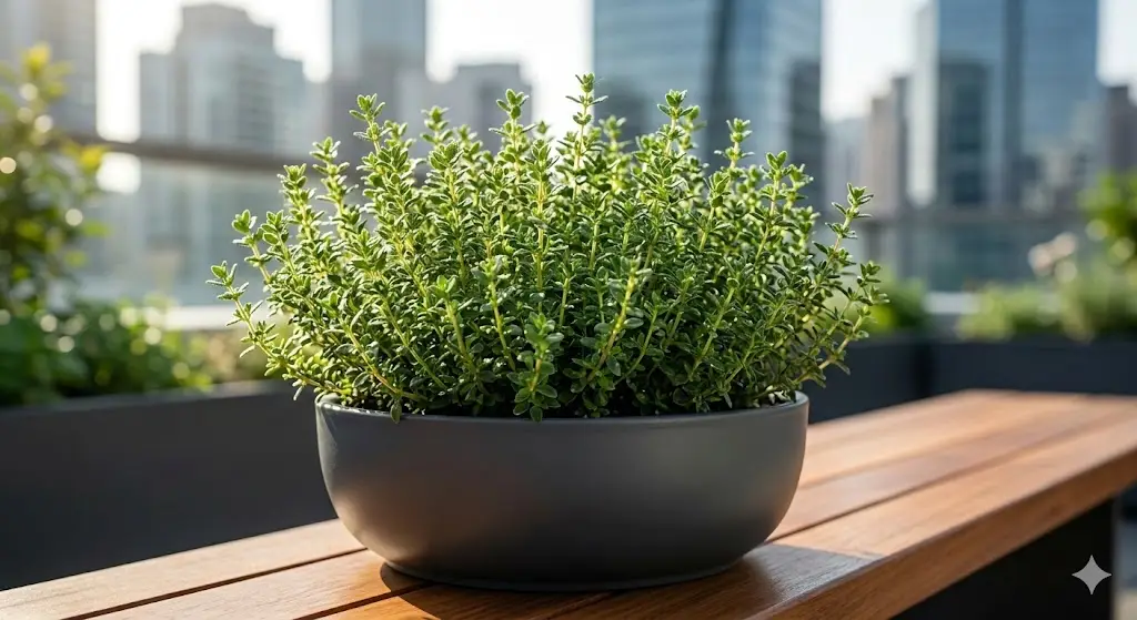 نبات زعتر كثيف مزروع في أصيص رمادي على سطح منزل مع خلفية مدينة غير واضحة.