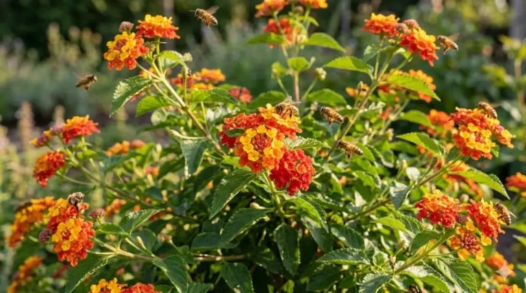 شجيرة لانتانا كامارا مزهرة بألوان برتقالية وصفراء مع عدة نحلات تحوم حول الأزهار.