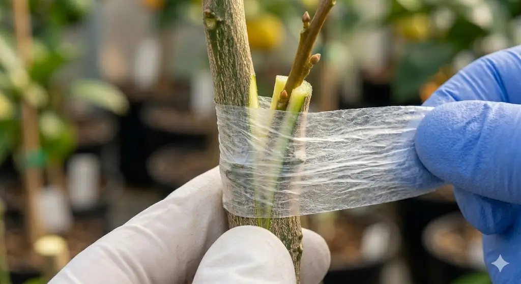 يد ترتدي قفازًا تلف شريط تطعيم شفاف حول شق تطعيم البرتقال على أصل الرنج لتثبيت القلم.