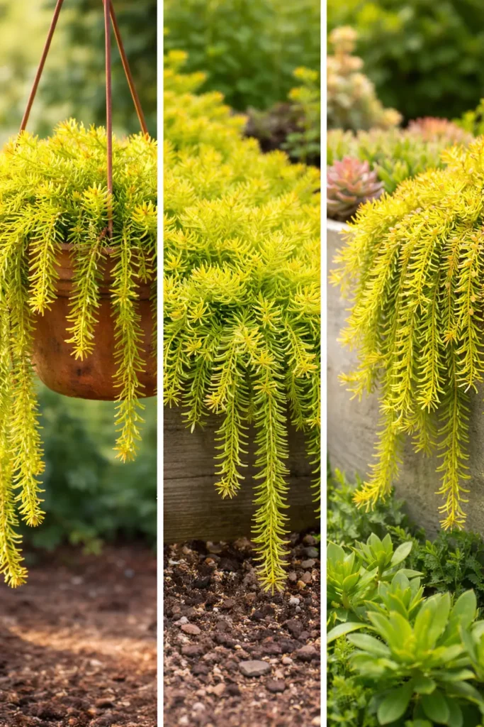 صورة ثلاثية تعرض نبات أنجلينا سيدوم متدليًا من أصيص معلق ومن حوض خشبي ومن أصيص زخرفي.