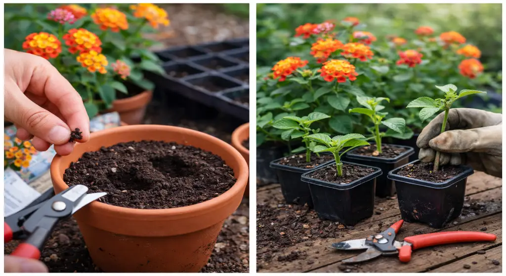 صورة كولاج توضح زراعة اللانتانا كامارا بالبذور في أصيص وبالعقل داخل أصص صغيرة.