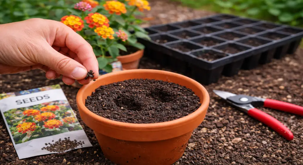 يد تضع بذور اللانتانا كامارا في أصيص فخاري مملوء بالتربة مع ظرف بذور ومقص صغير بجانبه.