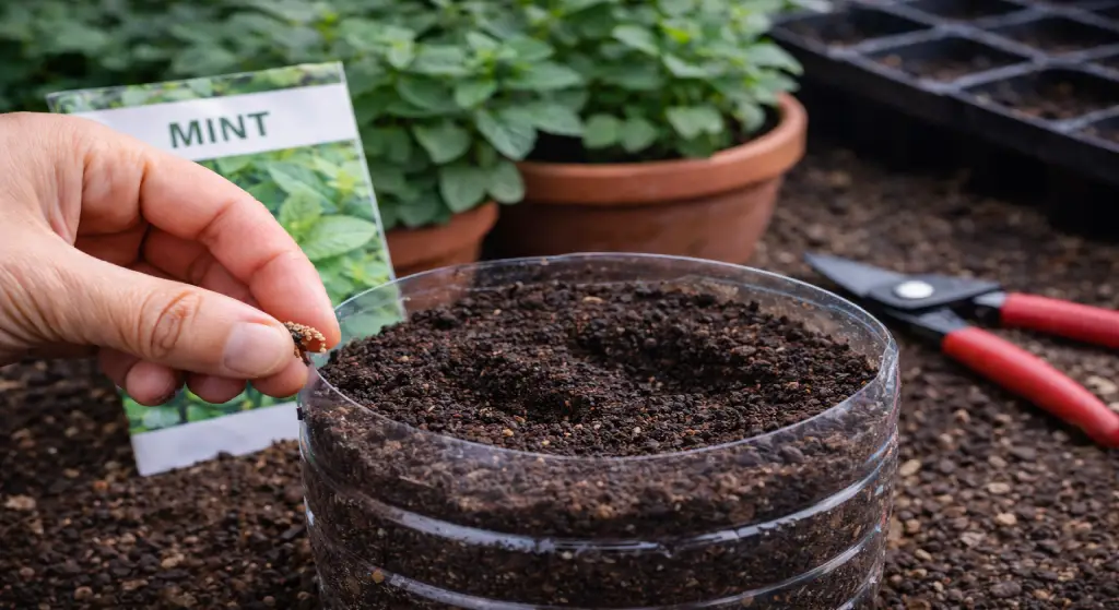 يد تزرع بذور النعناع في وعاء شفاف معاد تدويره مملوء بالتربة مع بطاقة مكتوب عليها Mint.