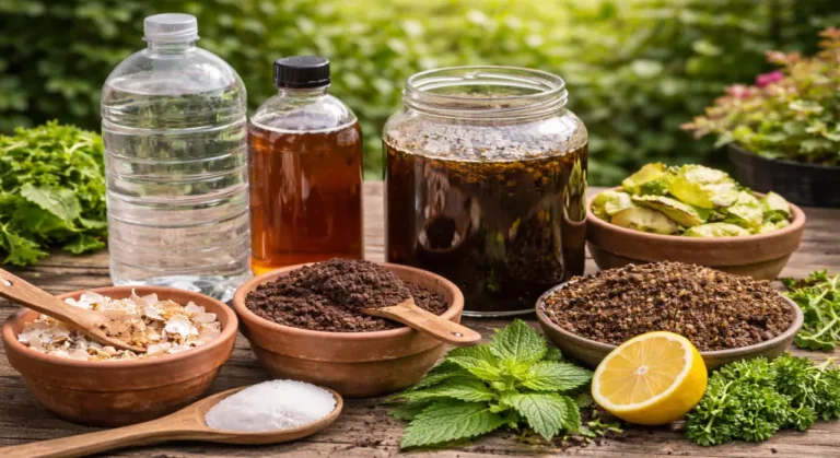 مجموعة من مكونات السماد المائي العضوي على طاولة خشبية تشمل الماء والمستخلص العضوي وقشور البيض والكومبوست وبقايا نباتية.