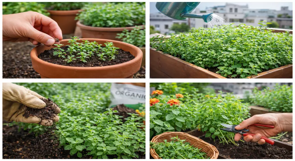 صورة كولاج تعرض مراحل زراعة البردقوش وتشمل البذر والري والتسميد والحصاد بالمقص.