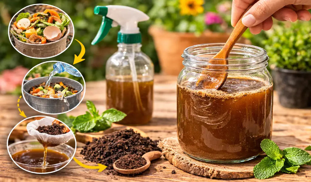 صورة مصغرة تعرض مرطبانًا يحتوي على سماد مائي عضوي مع لقطات جانبية توضح مراحل التحضير والتصفية.