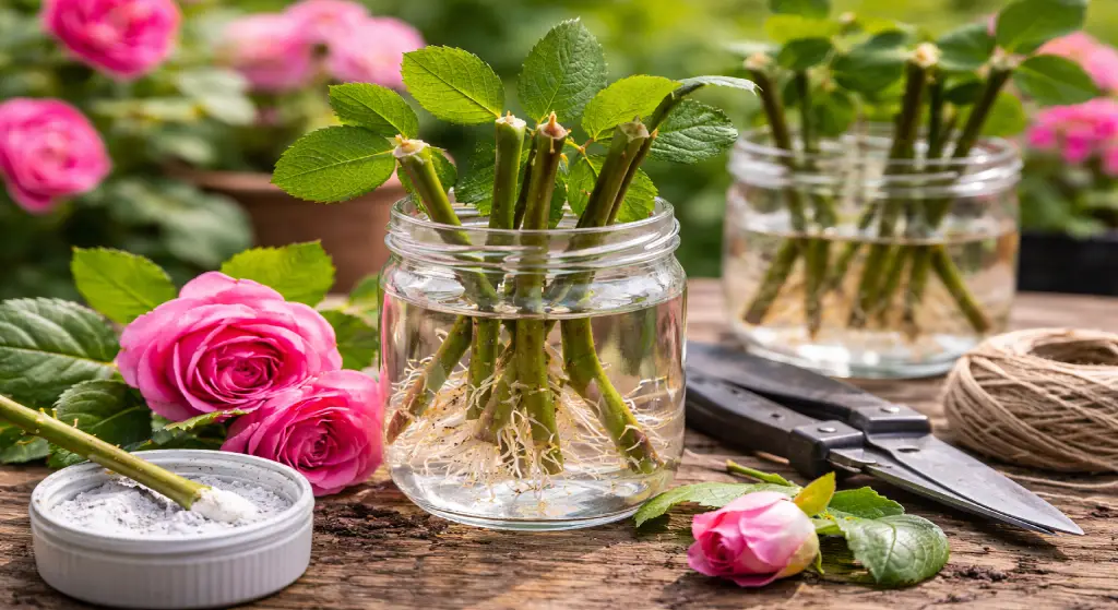 صورة مصغرة تعرض عقل ورد جوري متجذرة داخل مرطبان ماء مع أدوات القص والتجهيز حولها.