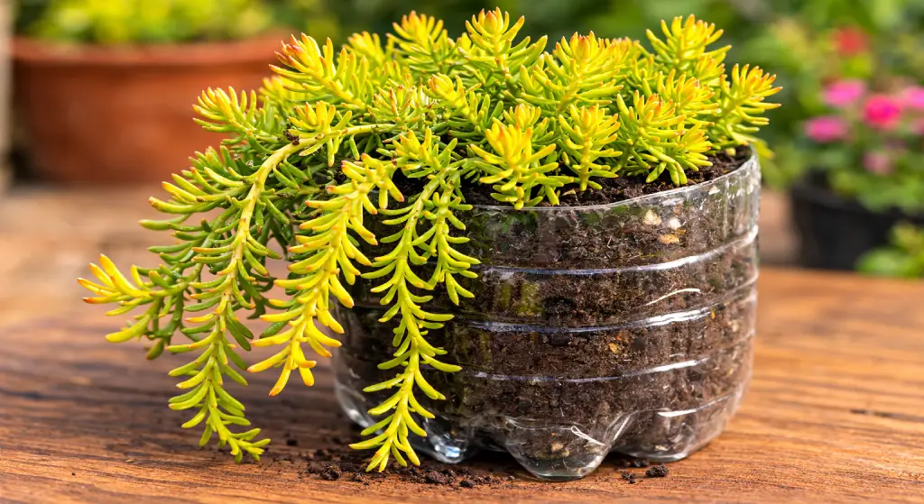 نبات أنجلينا سيدوم متدلٍ مزروع في وعاء بلاستيكي معاد تدويره فوق سطح خشبي في لقطة مناسبة كصورة مصغرة.