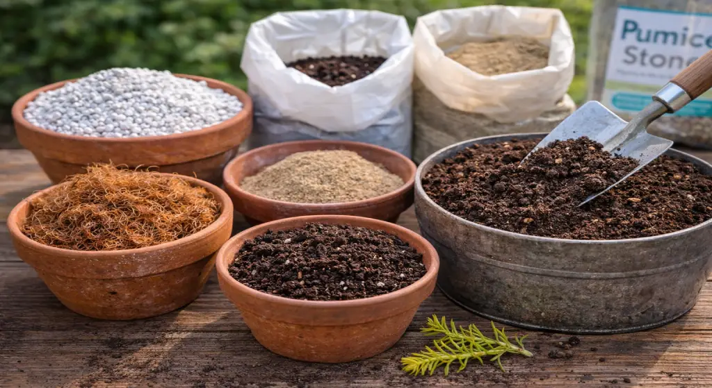 صورة تعرض عدة مكونات للوسط الزراعي في أوعية مختلفة مثل البيرلايت والألياف والرمل وخليط التربة الجاهز.