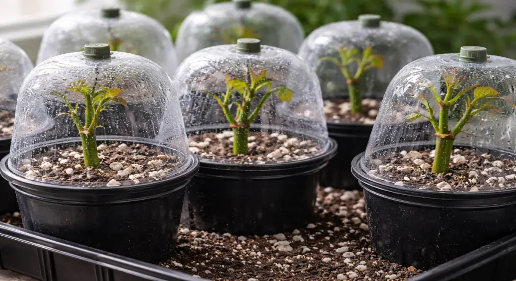 عدة عقل ورد مزروعة في أصص سوداء ومغطاة بقباب شفافة عليها قطرات تكاثف لرفع الرطوبة.