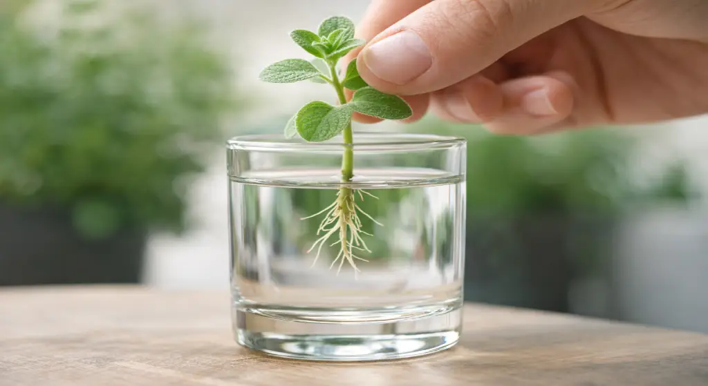 عقلة بردقوش موضوعة في كوب ماء شفاف مع ظهور جذور بيضاء صغيرة أسفل الساق.