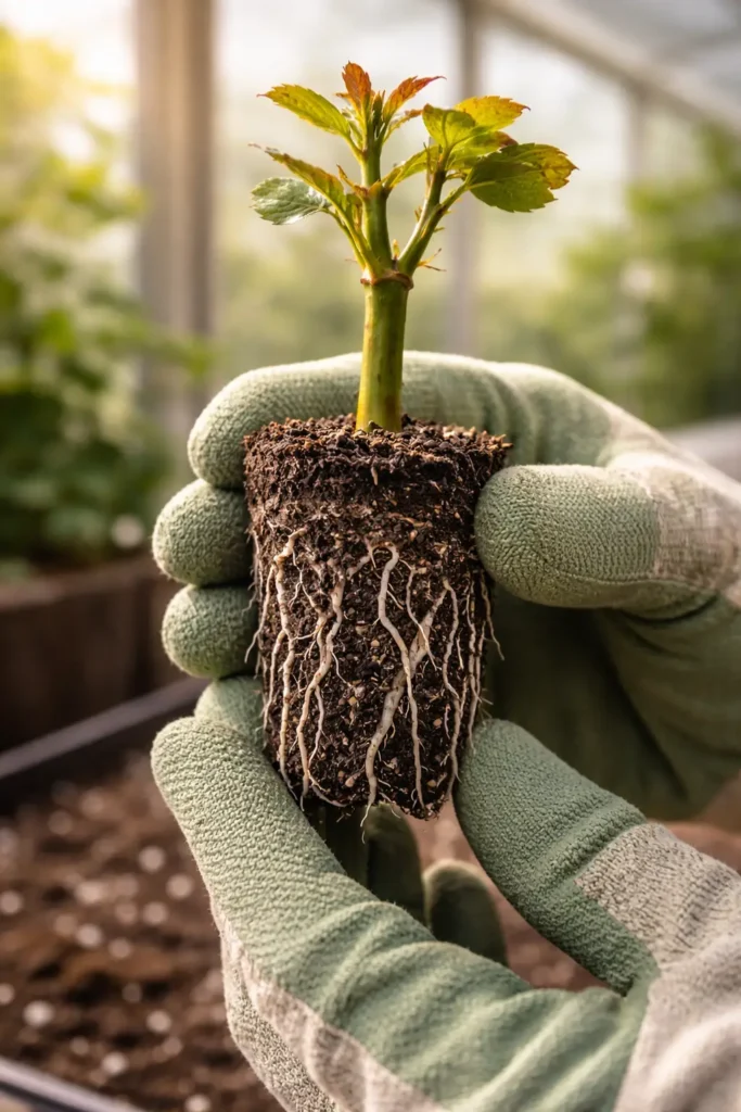 يد ترتدي قفازًا تحمل عقلة ورد صغيرة وقد تكوّن لها مجموع جذري واضح مع نمو ورقي جديد.