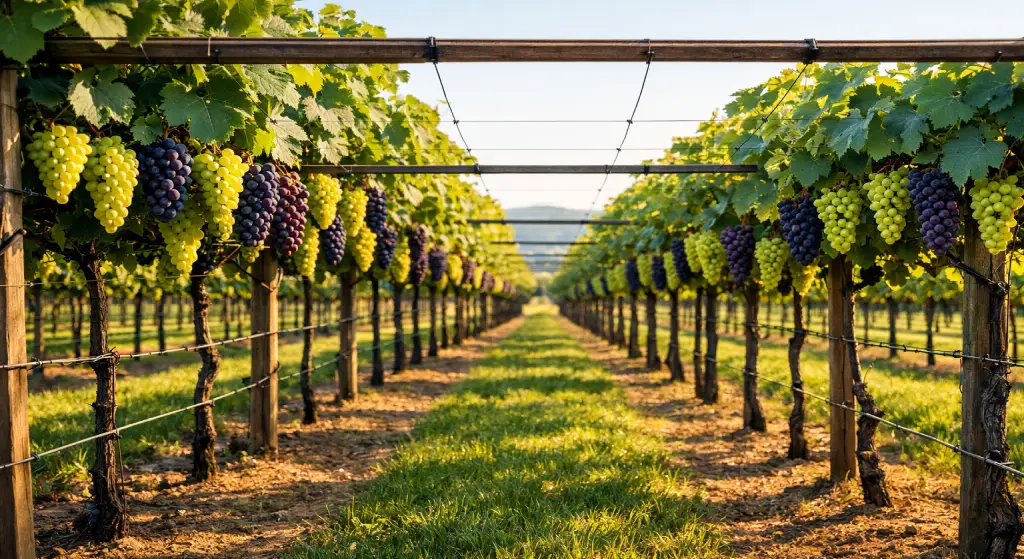 لقطة واسعة لكرم عنب منظم على نظام تعريشة مع صفوف متوازية وعناقيد عنب صحية تحت ضوء شمس دافئ.