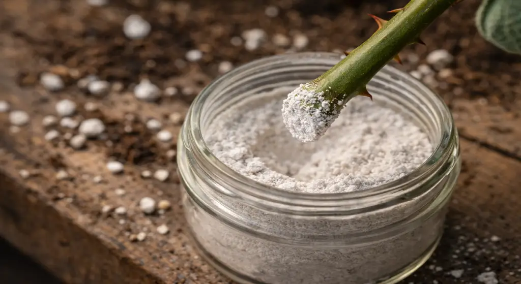 طرف عقلة ورد يُغمس في مسحوق أبيض من هرمون التجذير داخل عبوة زجاجية صغيرة.