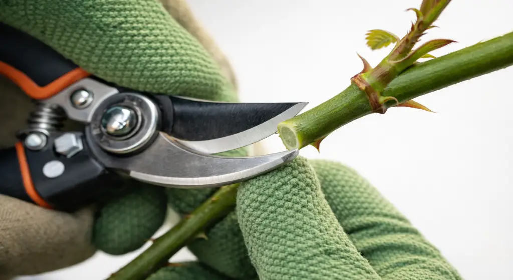 مقص تقليم حاد يقطع ساق ورد خضراء في لقطة قريبة لإعداد عقلة مناسبة للتجذير.