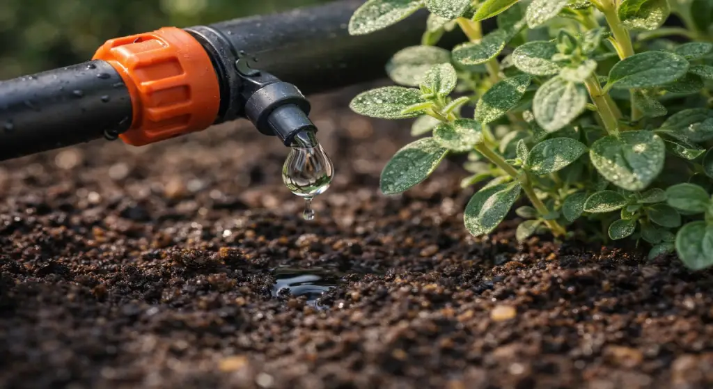 قطارة ري بالتنقيط توصل الماء ببطء إلى تربة نبات الزعتر في لقطة قريبة.