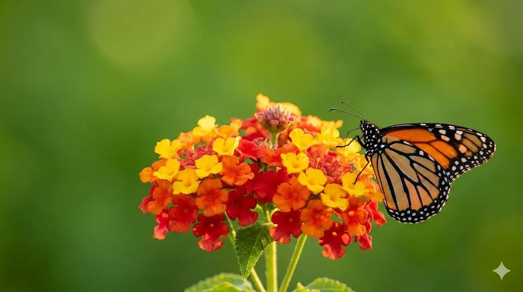 زهرة لانتانا كامارا برتقالية وصفراء تقف عليها فراشة ملكية في خلفية خضراء ناعمة.