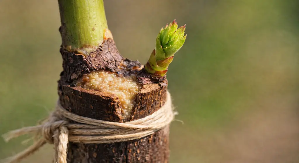 لقطة ماكرو لمنطقة الالتحام في تطعيم نبات ناجح مع برعم جديد ينمو من الطعم بوضوح شديد.