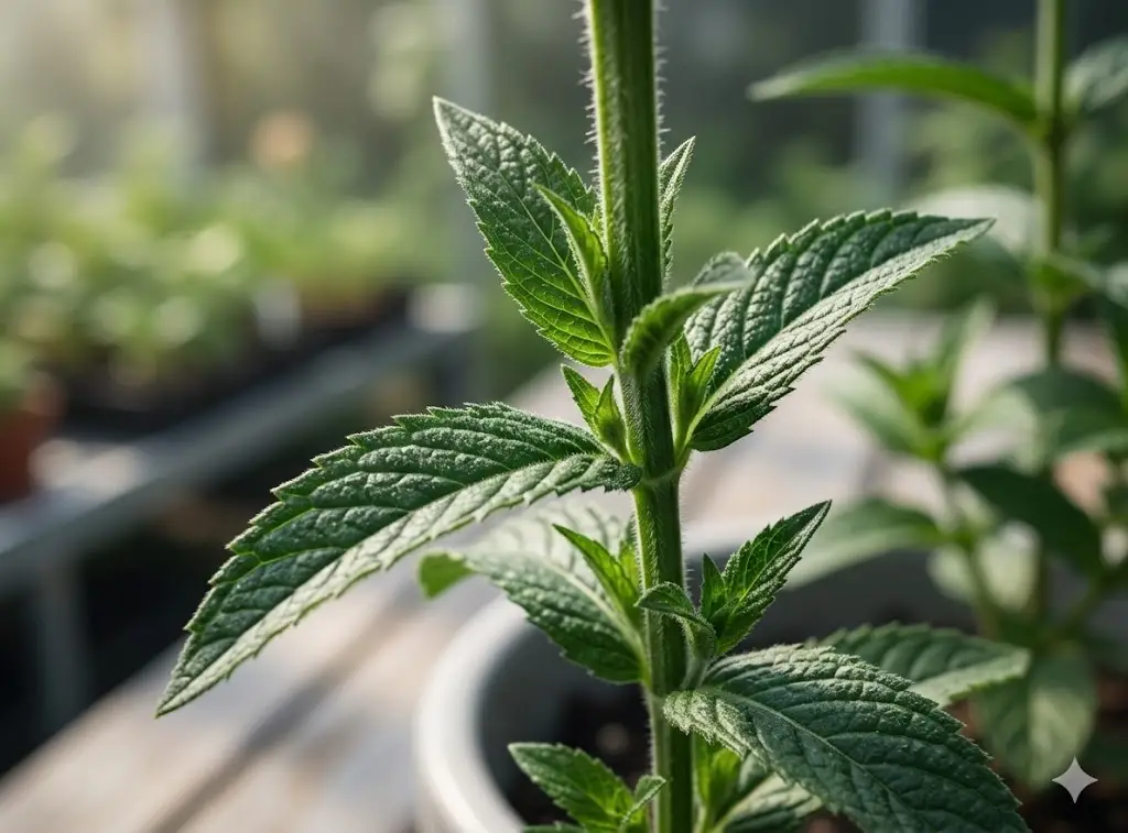 ساق نعناع خضراء في لقطة مقربة تظهر العقد والأوراق المتقابلة بوضوح داخل أصيص.