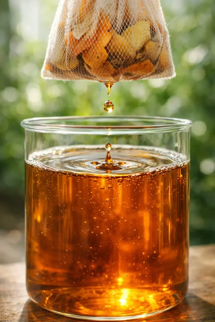 سائل سماد عضوي كهرماني اللون يتساقط من كيس ترشيح فوق كوب زجاجي في لقطة مقربة.