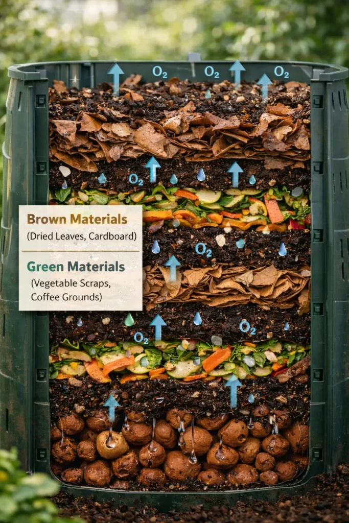مقطع عرضي لصندوق كمبوست يوضح طبقات المواد البنية والخضراء وحركة الهواء والرطوبة داخل الكومة.
