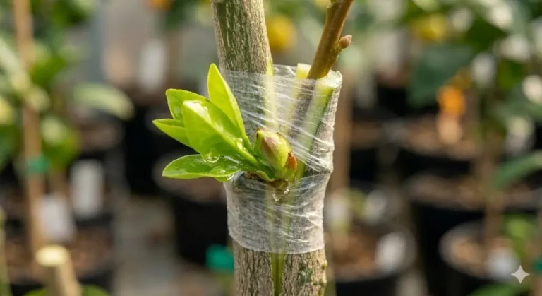 منطقة تطعيم ملفوفة على ساق حمضيات وقد خرج منها نمو جديد وأوراق خضراء تدل على نجاح العملية.