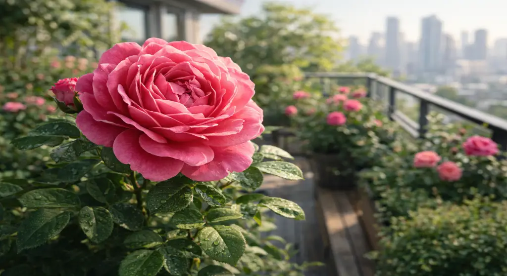 وردة جوري وردية كبيرة متفتحة على شرفة مزروعة بالورود مع خلفية حضرية ناعمة.