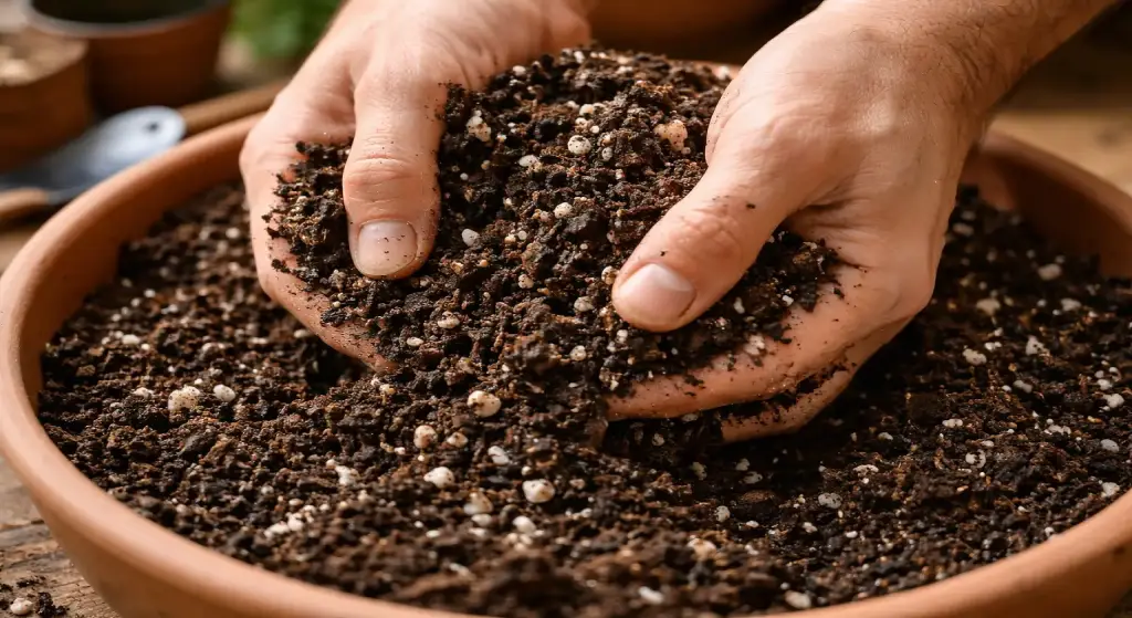 يدان تمسكان خليط تربة زراعية مفككًا داخل وعاء واسع ويظهر فيه البيرلايت والمادة العضوية.