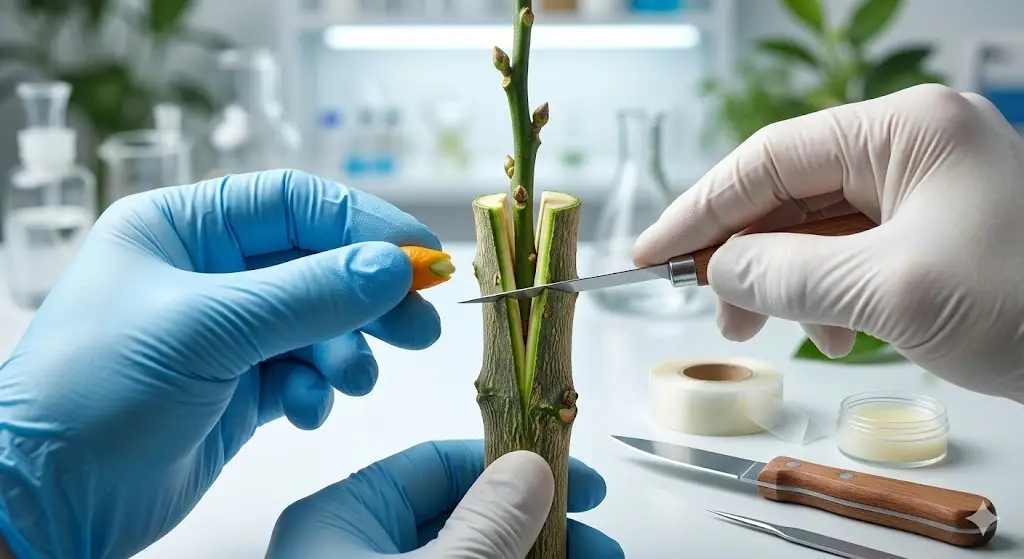 يدان ترتديان قفازات تضعان قلم تطعيم داخل شق أصل نباتي باستخدام سكين تطعيم في لقطة قريبة.